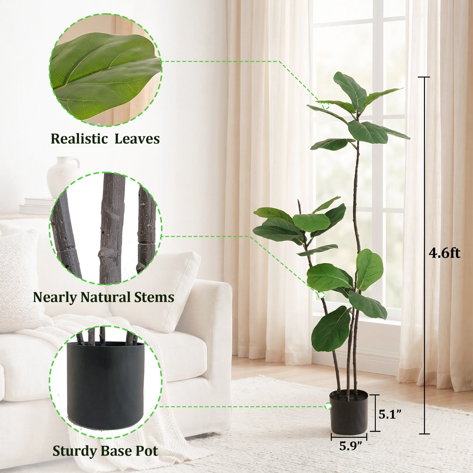 BEAUTYPEAK 5.2FT Artificial Fiddle Leaf Fig Tree Faux Ficus Tree Fake Green House Plants Indoor Outdoor Floor Plant