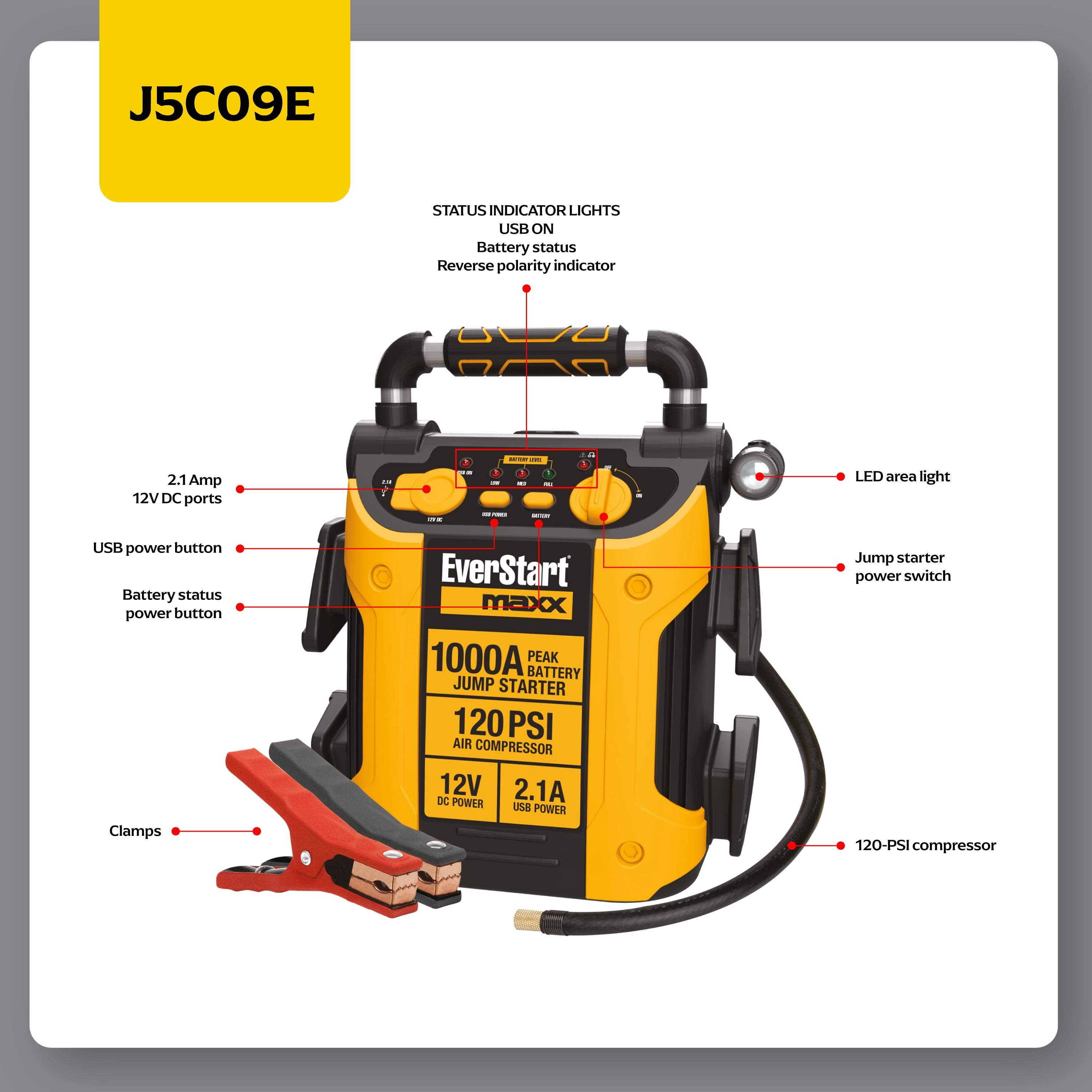 EverStart Maxx 1000 Peak Amp Jump Starter with Compressor, Pivoting LED Light, DC and USB Port