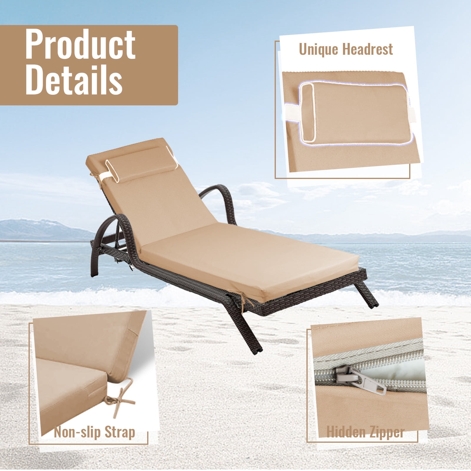 SDJPOI Outdoor Chaise Lounge Cushions,72×21×3in Patio Chair Cushion for Pool Beach（Beige,4pc）