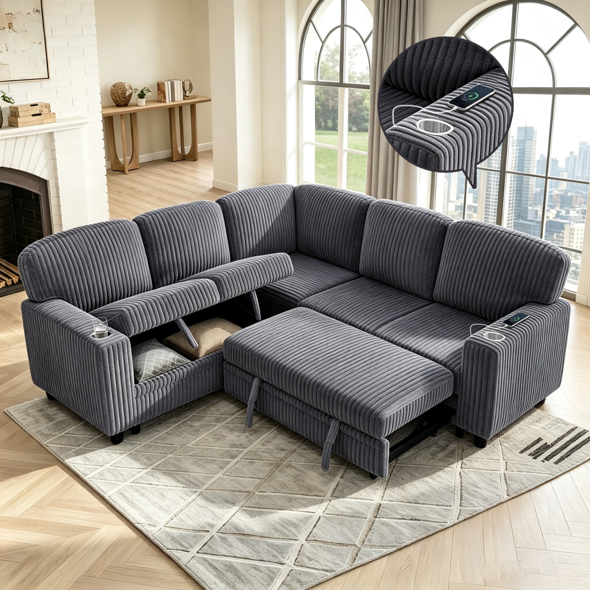 Gewnee L-Shaped Sectional Sofa,Modern Corduroy Modular Sofa with Storage Function,USB‑C Charging Ports & Cup Holders,Pull Out Couch for Living Room,Grey
