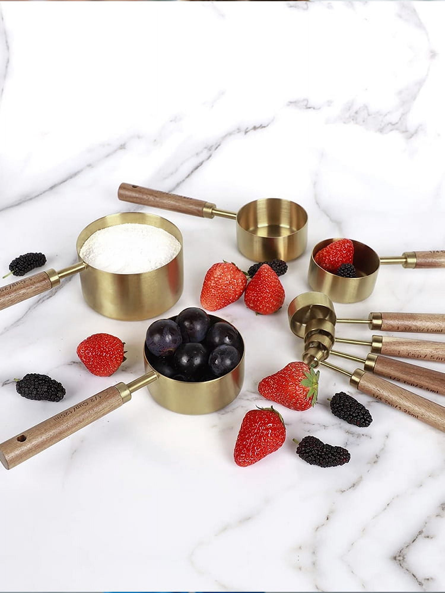 FUYGRCJ 8PCS Measuring Spoons and Cups Set, Precision Measuring Cups with Wooden Handle, 4 Stackable Measuring Cups and 4 Measuring Spoons Set with Metric and US Measurements for Cooking & Baking