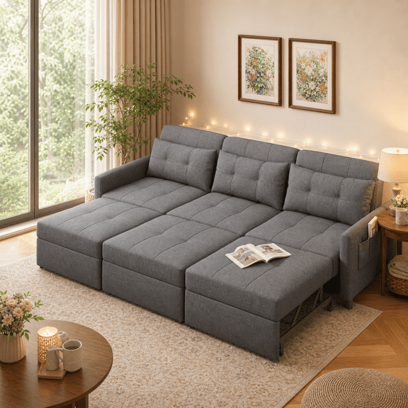 Convertible Sofa Bed, 3 Seater Sectional Sleeper Sofa with Adjustment Backrest & Side Pocket, Pull out Couch for Living Room, Bedroom, Apartment, Dark Gray