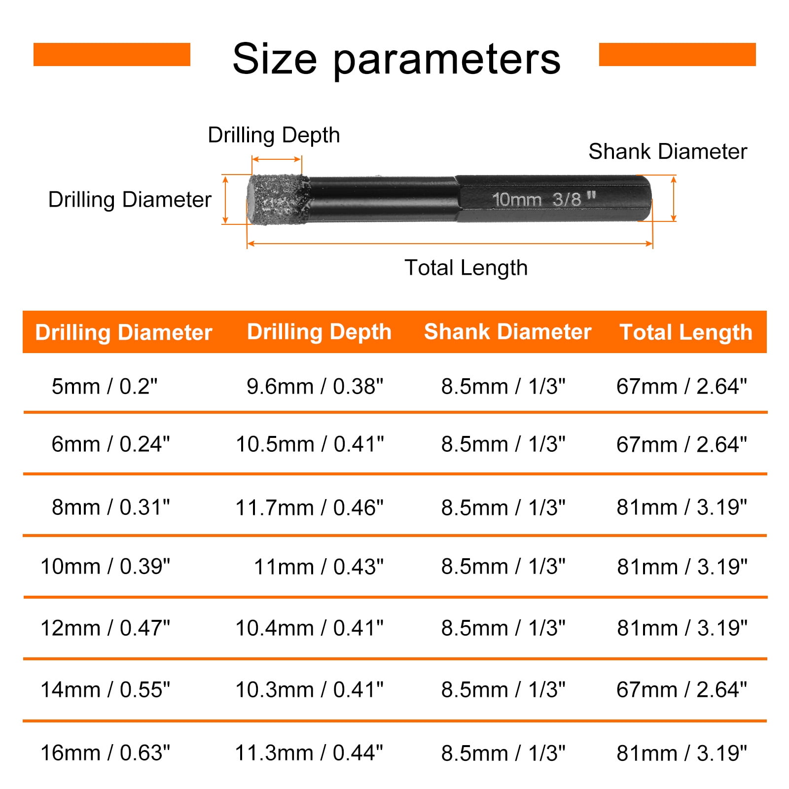 Uxcell 5 Pieces 10mm Dry Diamond Core Drill Bits Set 1/3" Hex Shank Vacuum Brazed Hole Drilling Bit