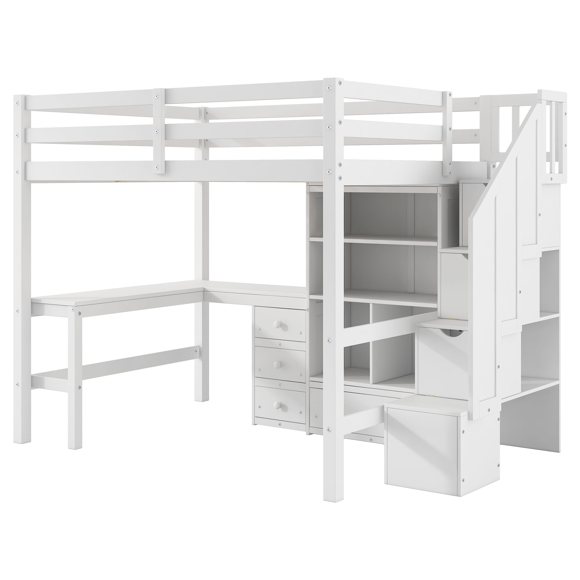 Euroco Full Size Pine Wood Loft Bed with Desk and Cabinets for Kids Room, Storage Staircase Shelf, White