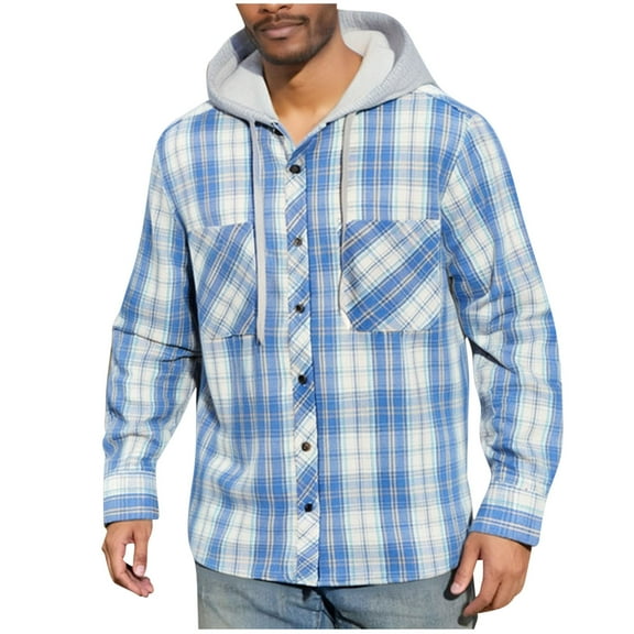 RongHuan Mens Flannel Jacket Lightweight Sherpa Fleece Lined Plaid Shirt Jackets Warm Button Up Winter Coats with Hood