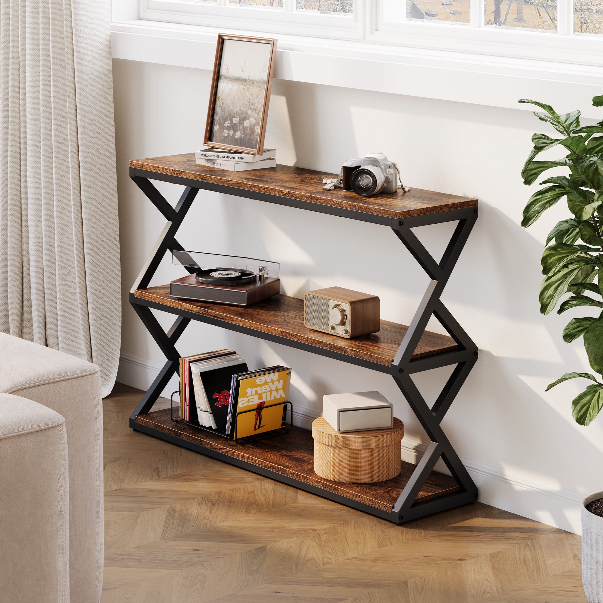 47.2 Inch Rustic Console Table, Industrial Entryway Table with 3-Tier Shelves - Long Hallway Sofa Table, TV Stand & Media Center for Living Room, Vintage Brown