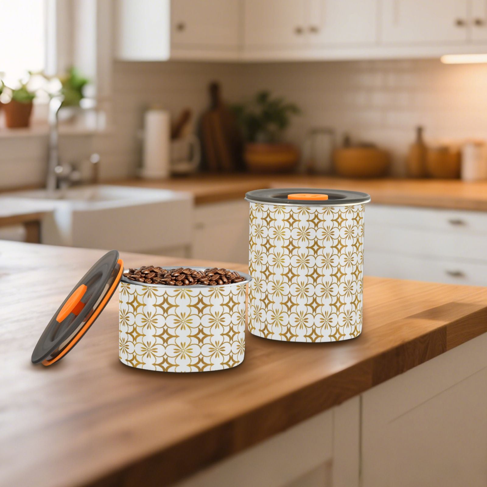 Gold Geometric Flower Airtight Coffee Bean Canister 30oz Food Storage Containers with Lids For Gournd, Tea, Sugar, Flour, Rice, Cereal, Candy Cookie Jar
