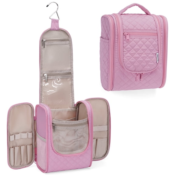 Travel Toiletry Bag for Women, Makeup Bag Organizer with Hanging Hook Portable Cosmetic Toiletries Case, Make up Accessories for Men, Pink