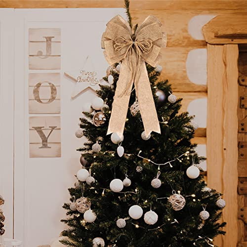 2 Pack Large Natural Jute Rope Bows for Wreaths and Crafts, Rustic Farmhouse Style Decoration for Tree Topper, Gift Wrapping, Wedding, Holiday Party, and Front Door Decor