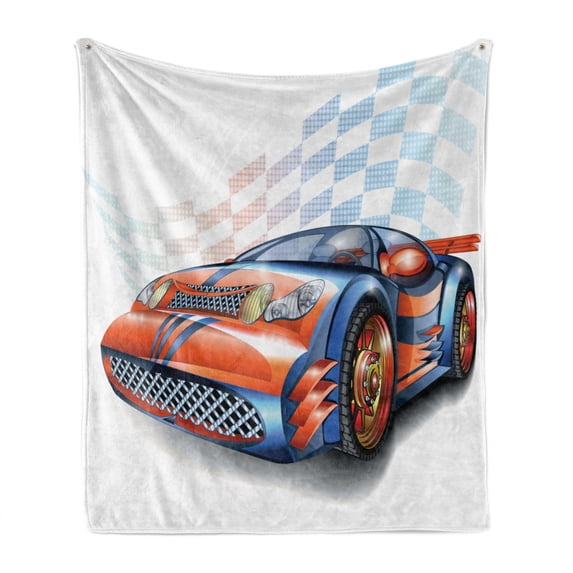 Cars Soft Flannel Fleece Throw Blanket, Cartoon Style Speeding Racing Car Event Championship Racetrack Victory Drive, Cozy Plush for Indoor and Outdoor Use, 50" x 70", Orange Blue Black, by Ambesonne