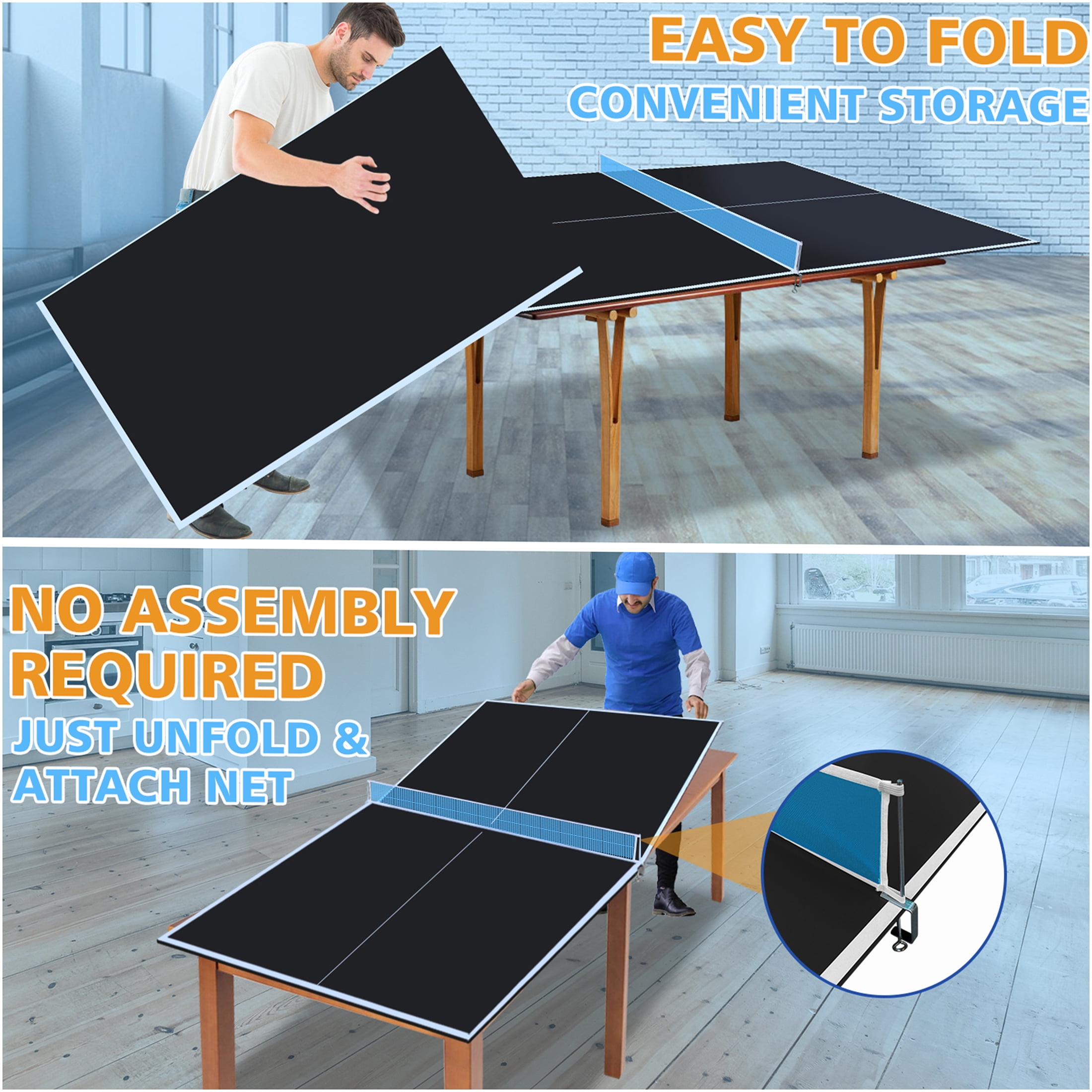 JERFIT 8ft Foldable Ping Pong Table Top, Portable MDF Conversion Top for Indoor Outdoor Table Tennis Games, Includes Net & Posts, Black