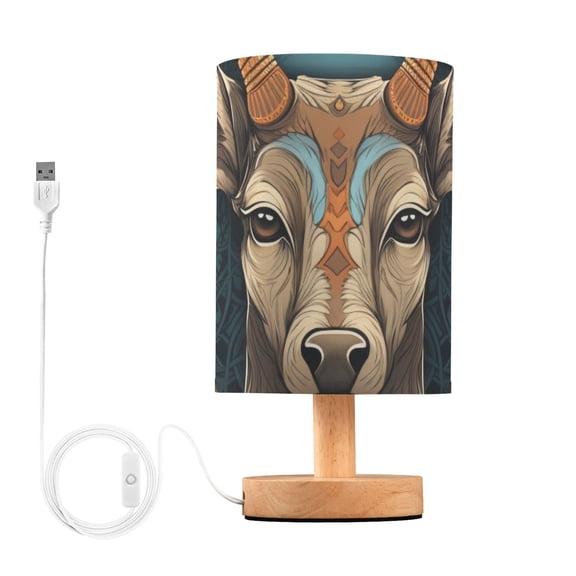 Deer Head Blue Table Lamp USB Bedside Desk Nightstand Lamp Printed Gifts Small Lamp Wood Base for Bedroom Living Room Kids Room College Dorm