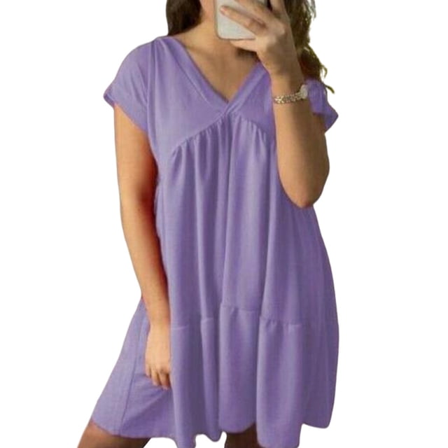 MAWCLOS Robes Mini pour Femmes Couleur Unie Robe T-Shirt Manches Courtes Robe d'Été Décontractée Col en V Lavande m