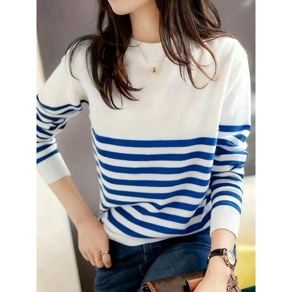 Womens Blue & White Striped Crew Neck Sweater, Long Sleeve Knit Pullover