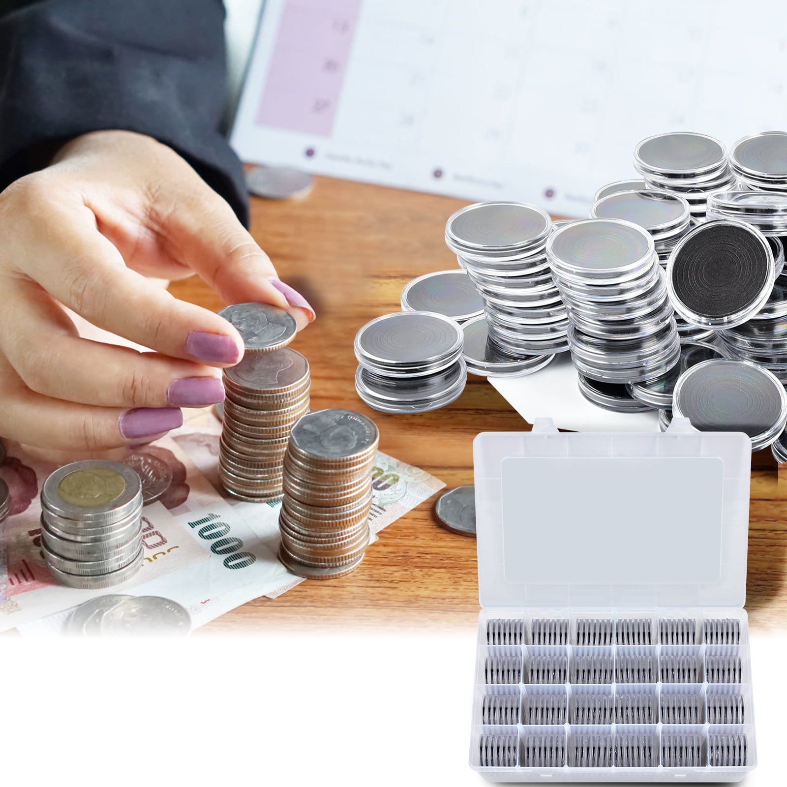 Fullcase 168 Pieces 46mm Coin Capsules with Foam Gasket and Plastic Storage Organizer Box, 6 Sizes (20/25/27/30/38/46mm) Coins Collector Case Holder for Coin Collection Supplies (Black)