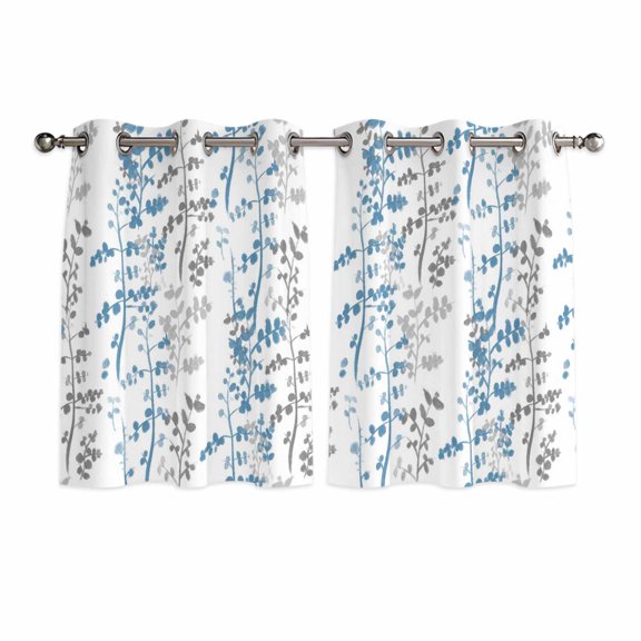 Blue Grey Botanical Kitchen Curtains Window Panels, Spring Floral Summer Farmhouse Insulated Window Treatment Curtain, Grommet Curtains for Bedroom/Living Room/Bathroom, 2 Piece 52"Wx45"L