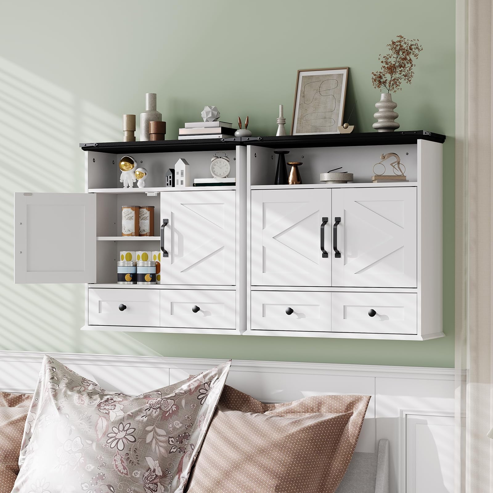 25" Wide Wall-Mounted Bathroom Cabinet with Barn Doors, Over-Toilet Storage with Adjustable Shelf & Drawer, Hanging Cabinet for Bathroom, Kitchen, Laundry, or Entryway