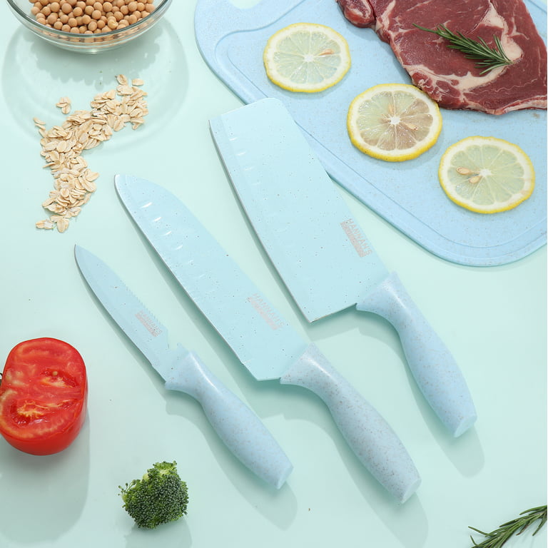 Hannah's Kitchen - cute knife set includes 3 kitchen knives, ceramic peeler  and multipurpose scissor, dishwasher safe, good for beginners (Blue) 