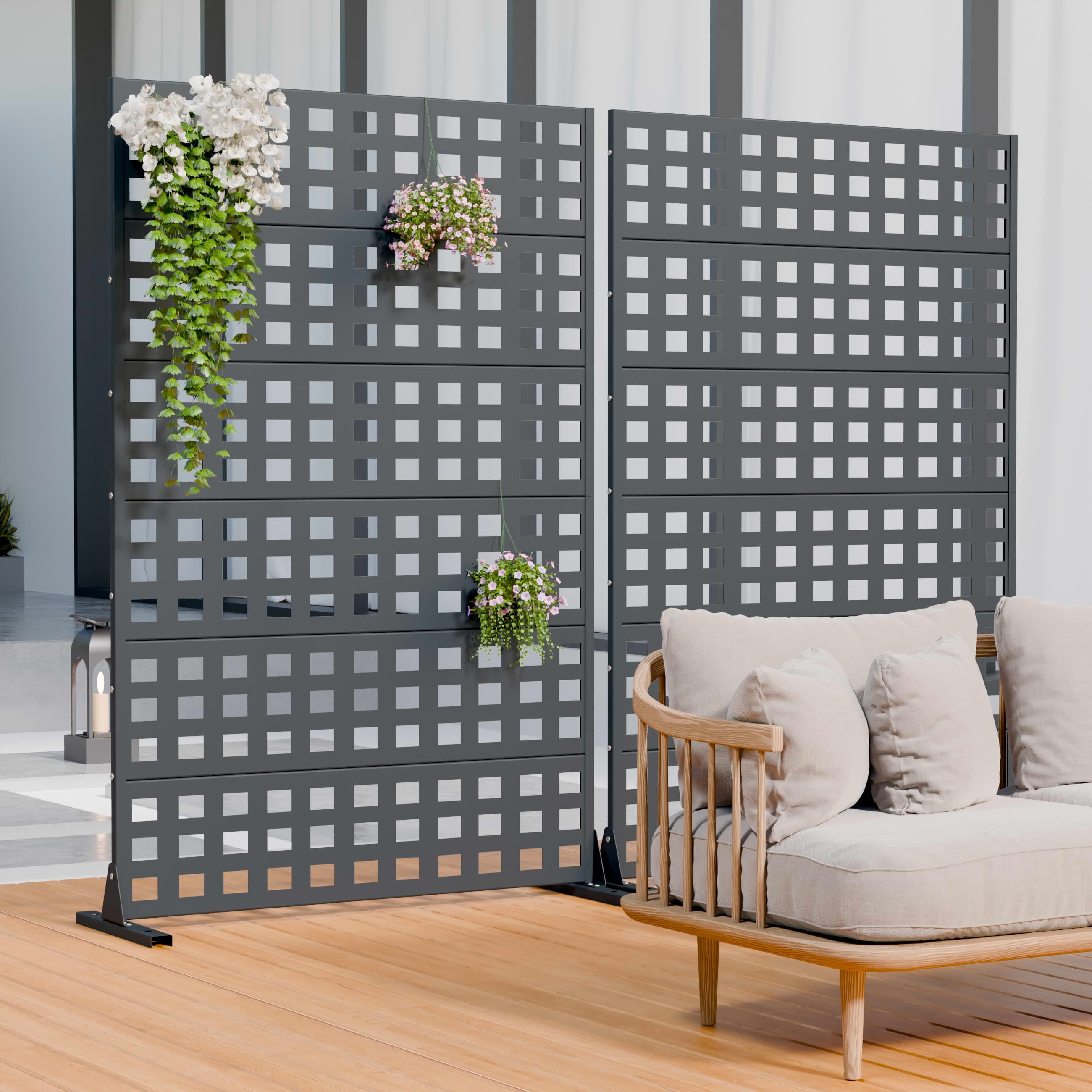 MAYEERTY 2-Piece Outdoor Metal Privacy Screen 6ft × 4ft Cambrian Rock Gray, 6-Panel Lattice Pattern, Weatherproof for Patio