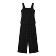 thumbnail image 6 of TEAJOPSUU Womens Summer Linen 2 Piece Solid Sets Matching Travel Outfits Sleeveless Square Neck Button Down Tank Tops Elastic Wide Leg Capri Pants Sets Black, 6 of 7