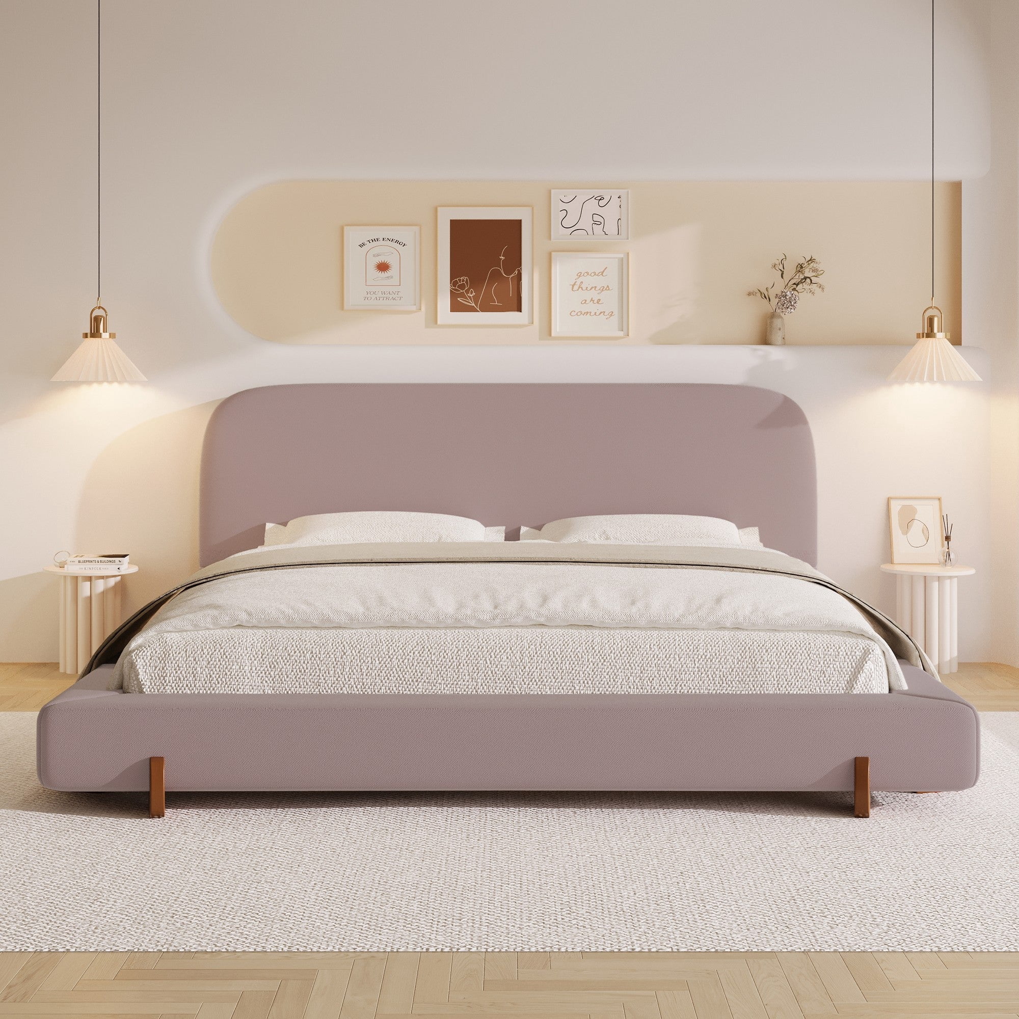 Sailvan California King Upholstered Bed Frame with White Fabric and Brown Solid Rubber Wood Legs,4-Inch Thick Rails,Modern Style Bed,Pink