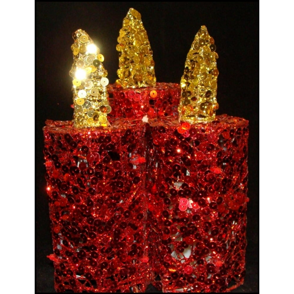 9" Red and Gold Sequined Flameless LED Lighted Christmas Pillar Candle