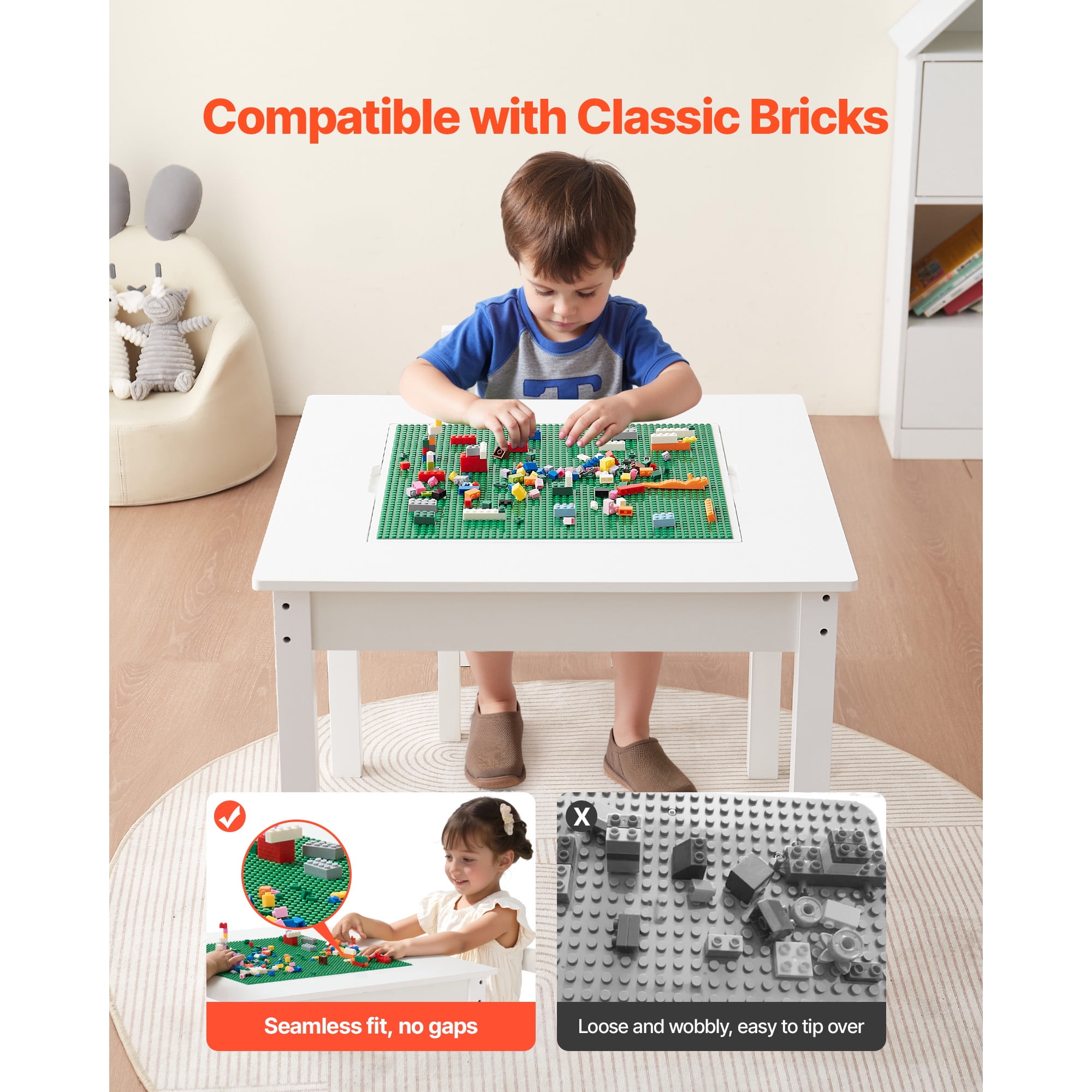 KFFKFF Kids Activity Table and 2 Chairs Set, Double-Sided Building Block Tabletop, Toddler Table and Chair Set with Storage Compartments for Ages 3+, Spacious Design, Gift for Boys and Girls, White