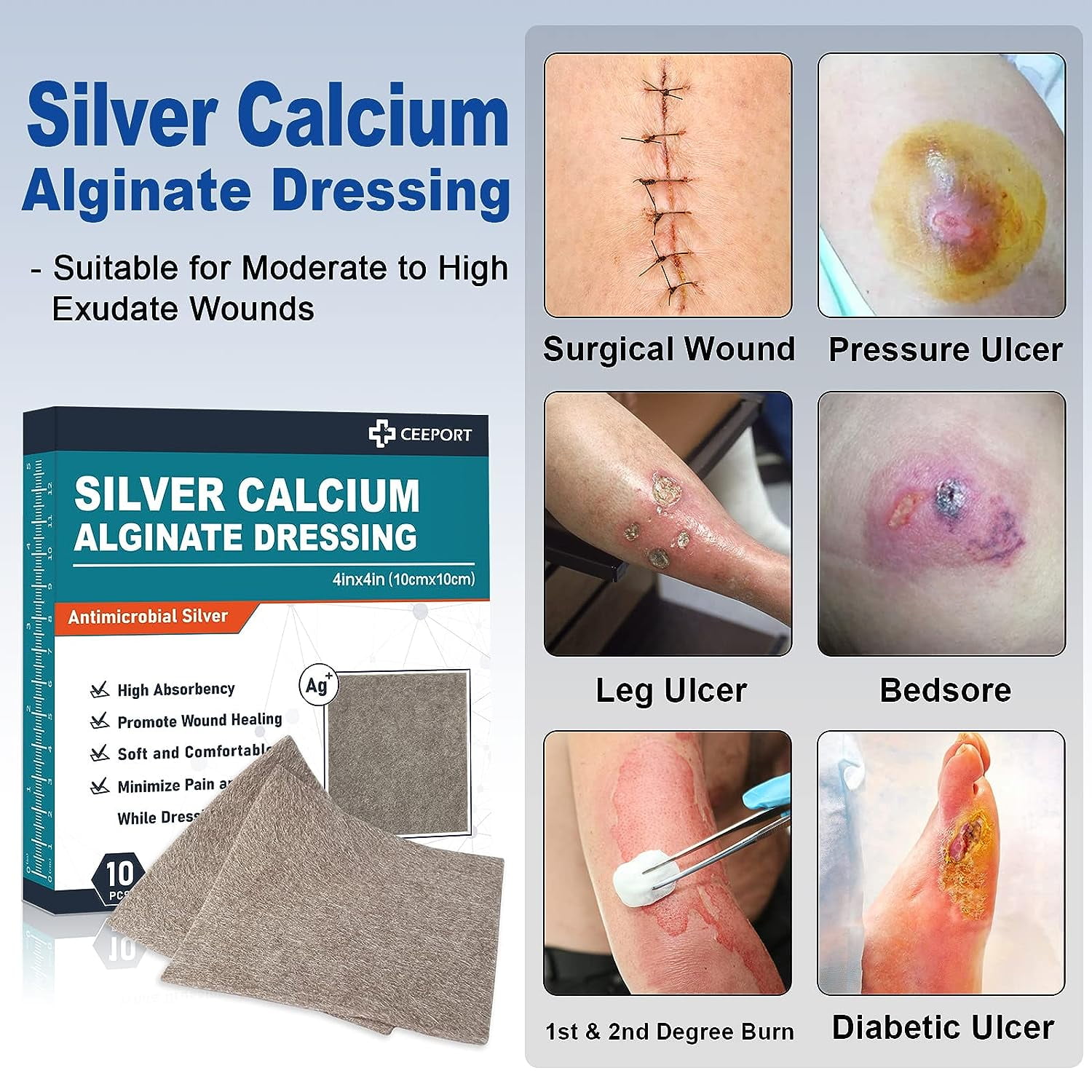 Ceeport Ag Silver Calcium Alginate Wound Dressing Pads, 4''x4'' Patches, 10 Individual Pack, Soft Silver Dressings for Wound Care, Gentle Highly Absorbent Dressing