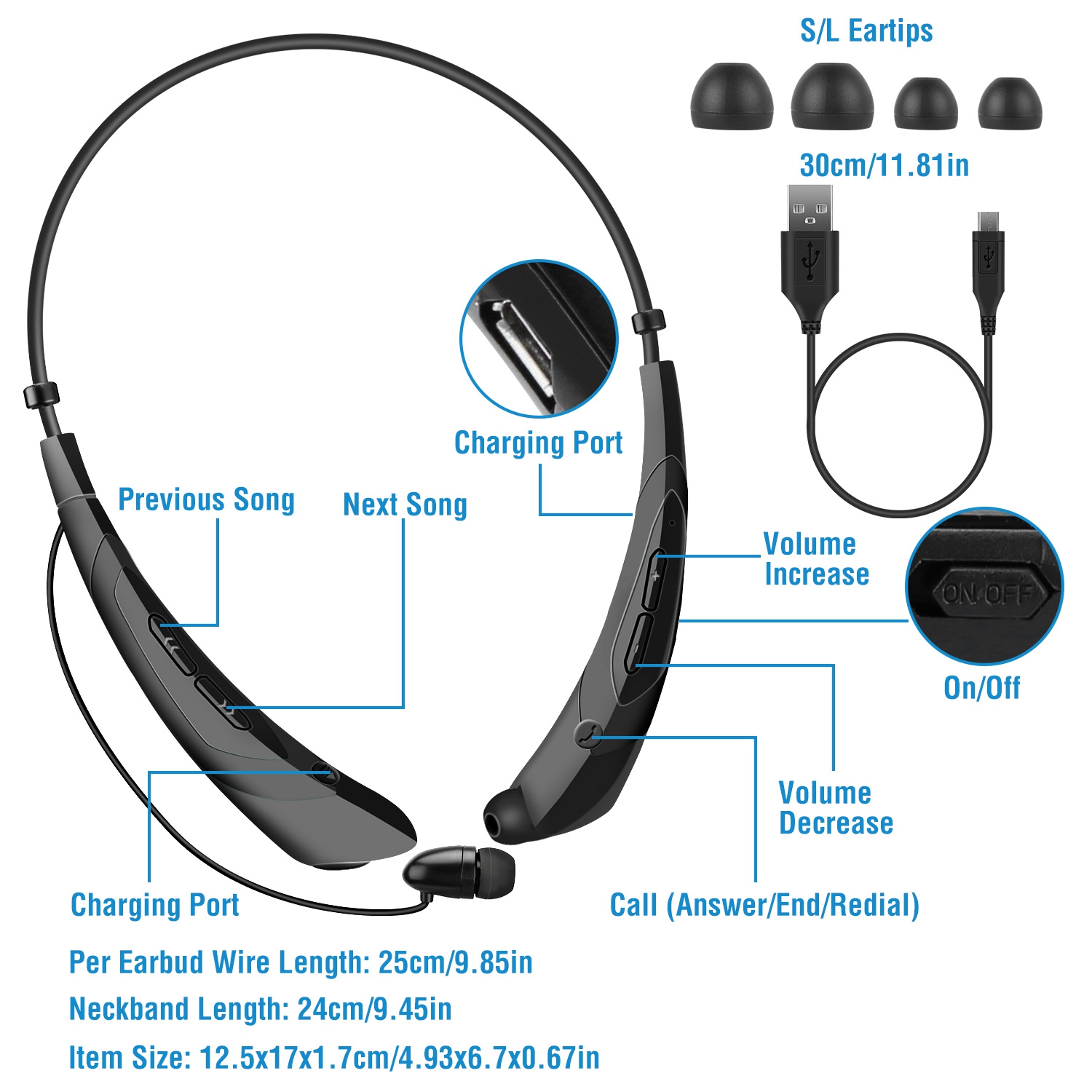 iMounTEK Wireless Neckband Headphones V5.0 Sweat-proof Sport Headsets Earbuds In-Ear Magnetic Neckbands Stereo Earphone Deep Bass Earphone w/Mic - image 5 of 6