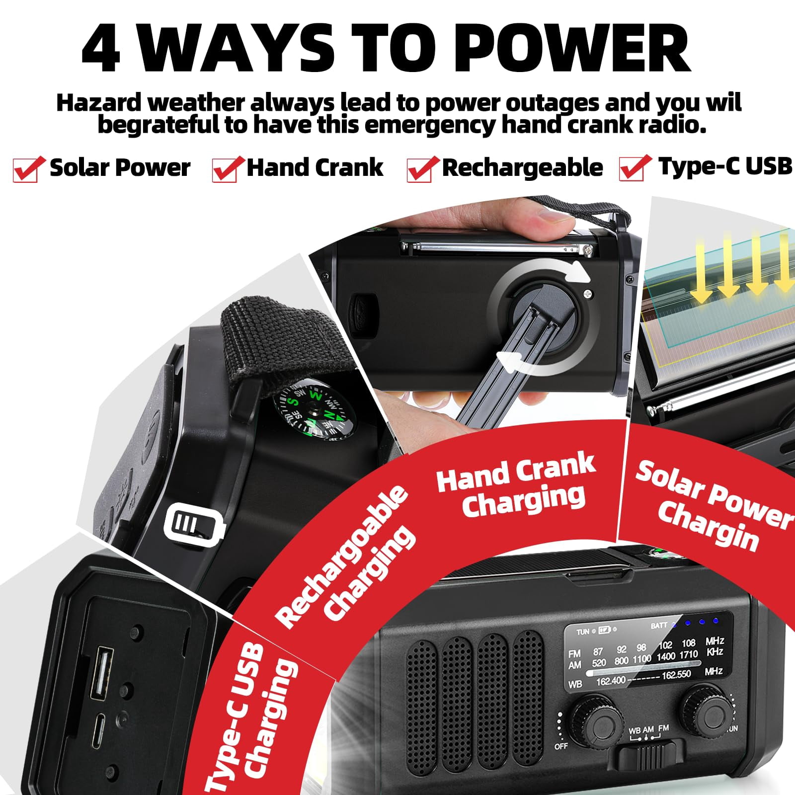 Hand Crank Emergency Radio 37000mwh Solar Portable Noaa Am Fm Weather With 3mode Flashlight And Reading Light Cell Phone Home Distress Signal (black)