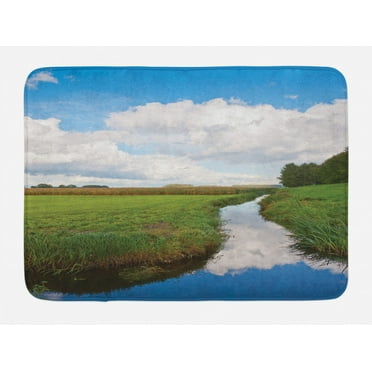 Landscape Bath Mat, Reflective Calm River Scenery Meadow Grass Clouds Wildflowers Trees Shrubs, Non-Slip Plush Mat Bathroom Kitchen Laundry Room Decor, 29.5 X 17.5 Inches, Green Blue White, Ambesonne