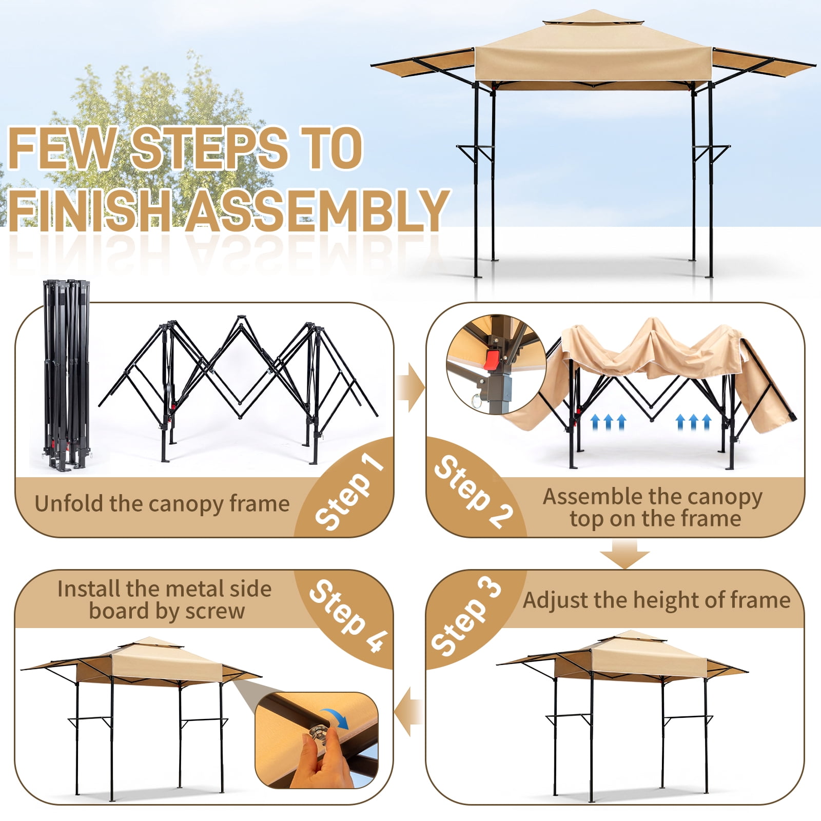 UBesGoo 12.5x3.3ft Grill Gazebo, Outdoor BBQ Gazebo with Storage Shelf,Double Tiered & Extra Adjustable Shadow,Khaki