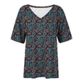 thumbnail image 4 of Aloohaidyvio Cyber and Monday Deals V Neck Mexican Shirts for Women Short Sleeve Floral Vintage Tops Ethnic Style Loose Peasant Tee Shirt, 4 of 5
