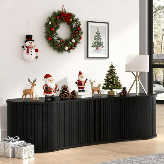 Fluted TV Stand with Storage Cabinet, 59″ Media Console with Sliding Tambour Door, Mid Century Modern Entertainment Center for Living Room, Oval Light Wood TV Stand for Bedroom, Black