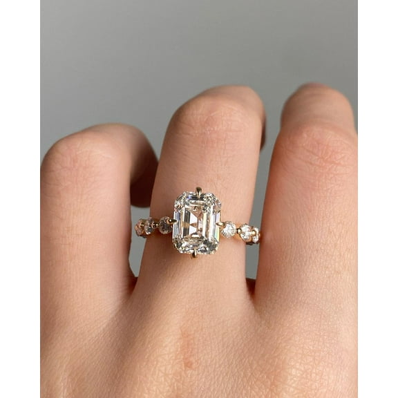 SOLITAIRE JEWELS 2Ct Emerald Cut Moissanite Solitaire Distance Pave Double Hidden Halo Solid 10k Yellow Gold