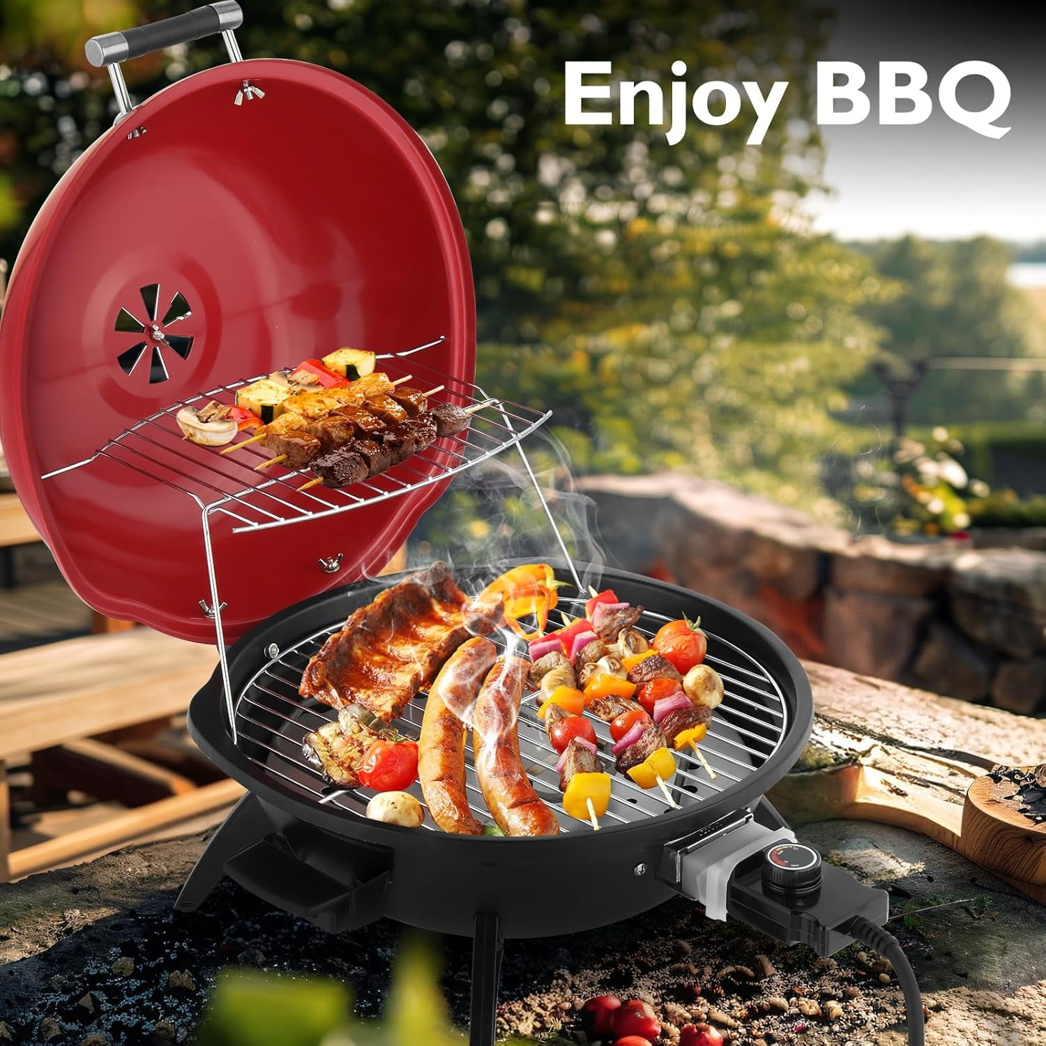 1600W Red Tabletop Electric Grill with Temperature Control, 304 Stainless Steel Grill w/Double Layer Design, Portable & Removable, Small Stove for Indoor and Outdoor Use