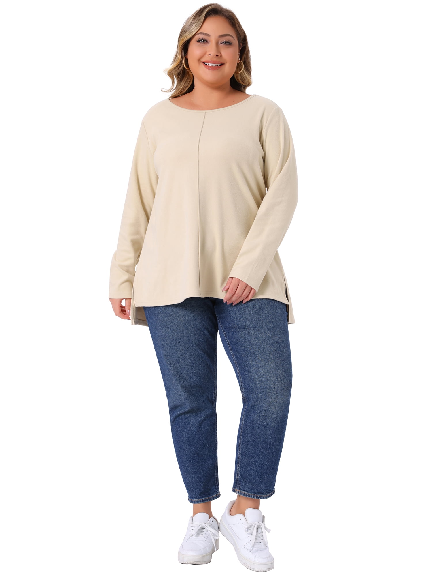 DARING DIVA Women's Plus Crew Neck High Low Hem Blouse 2X Khaki