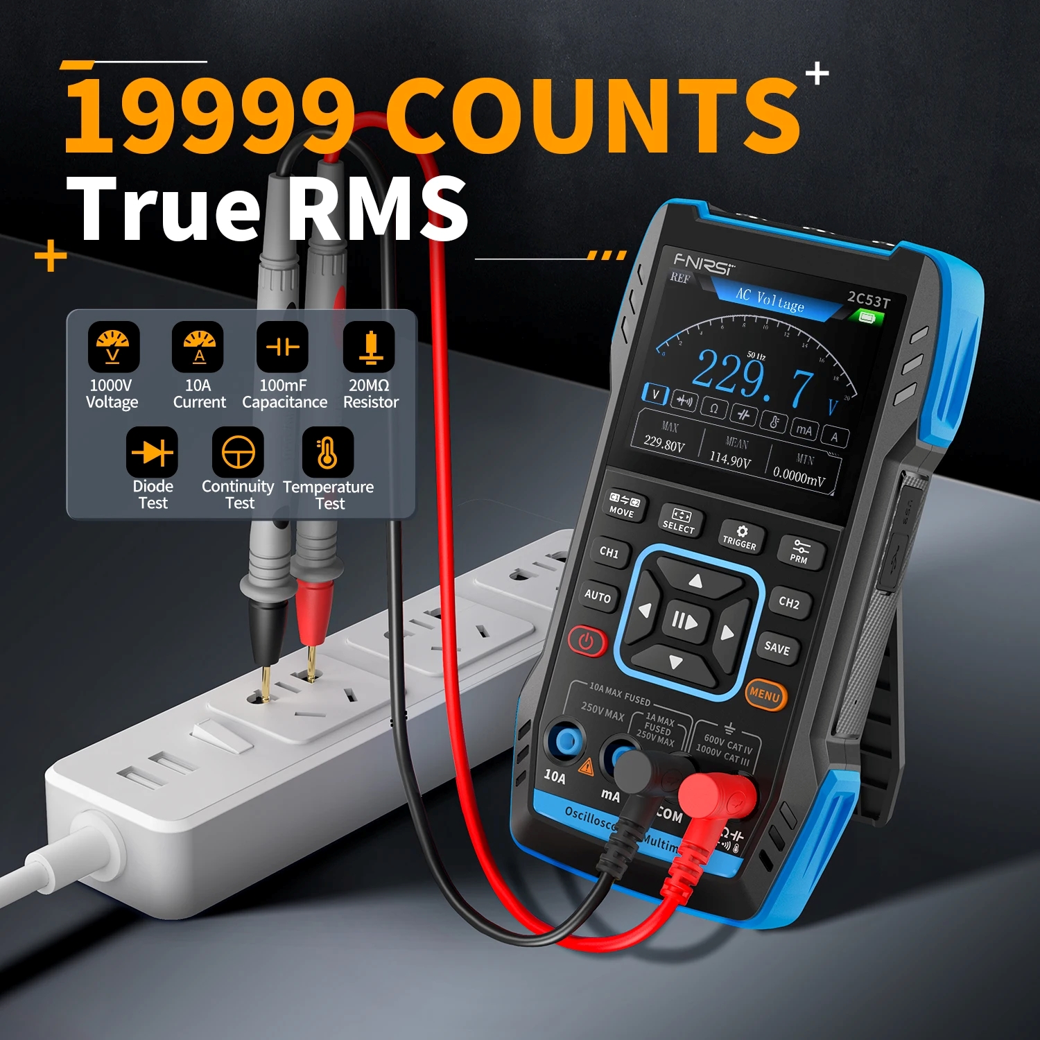 FNIRSI 2C53T Upgrade 3in1 Oscilloscope Multimeter Signal Generator 50MHz Bandwidth 250MS Rate Dual Channel 20000 Counts