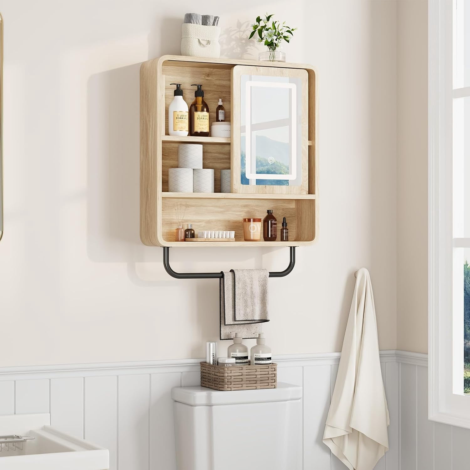 Vecenuy Modern Bathroom Wall Cabinet with Mirror, over-The-Toilet Storage & Towel Bar, Sliding Door, 3 Lighting Modes & Adjustable Brightness, Natural Oak