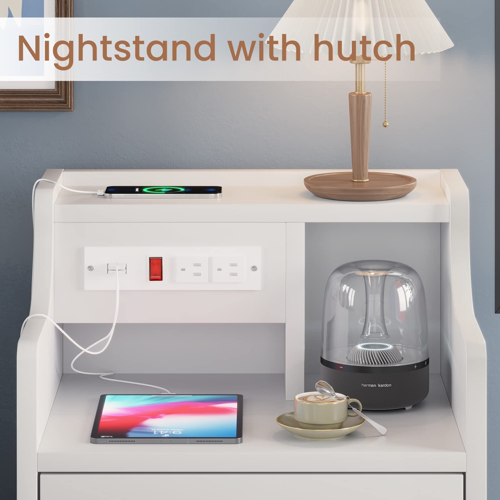 Afuhokles Nightstand Set of 2 with Charging Station, White photo 4