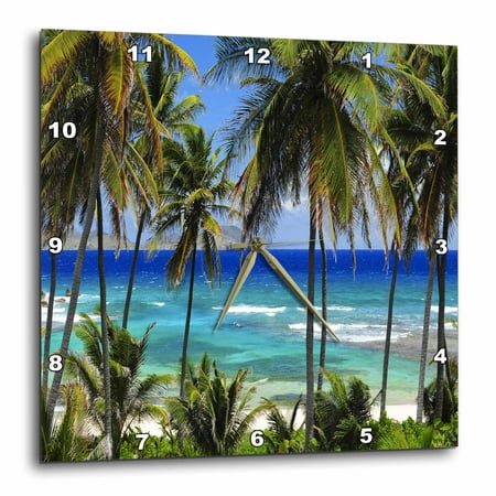 Blue Mosaic Clock - 3dRose Tropical Day Scene with Swaying Palm Trees and Glimpses of Blue Ocean, Wall Clock, 13 by 13-inch