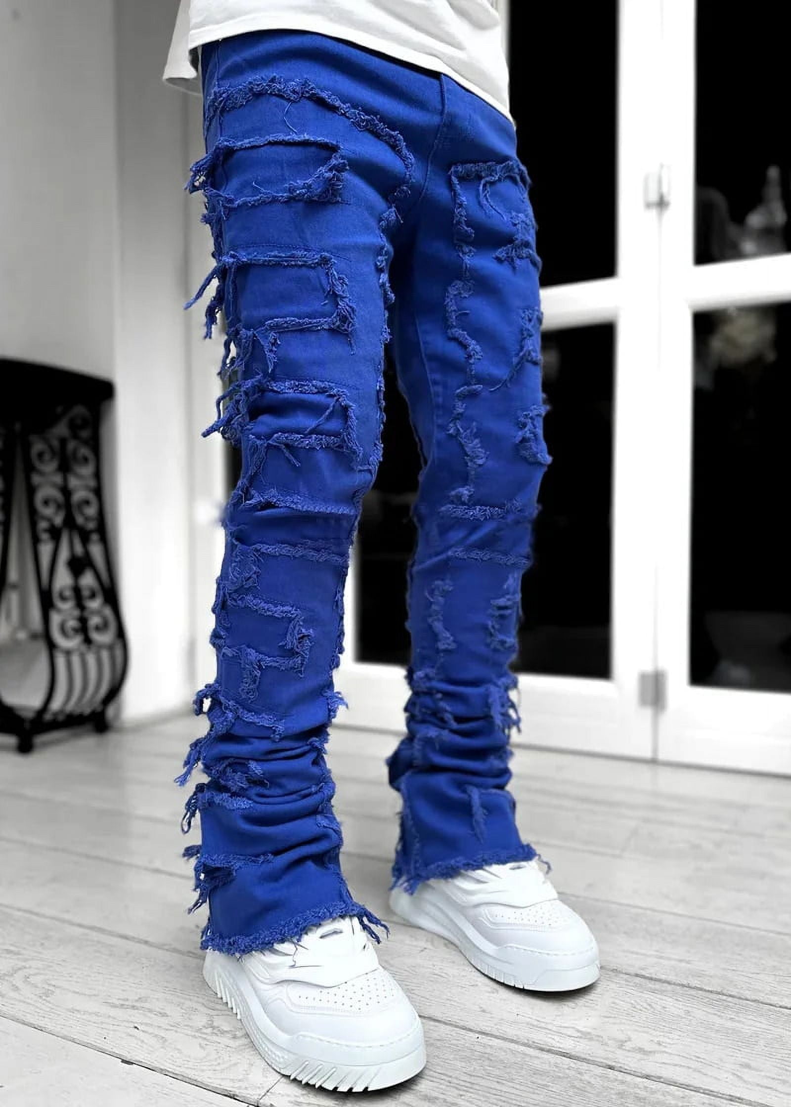 Men's Slim Fit Stacked Jeans Distressed Patchwork Stretch