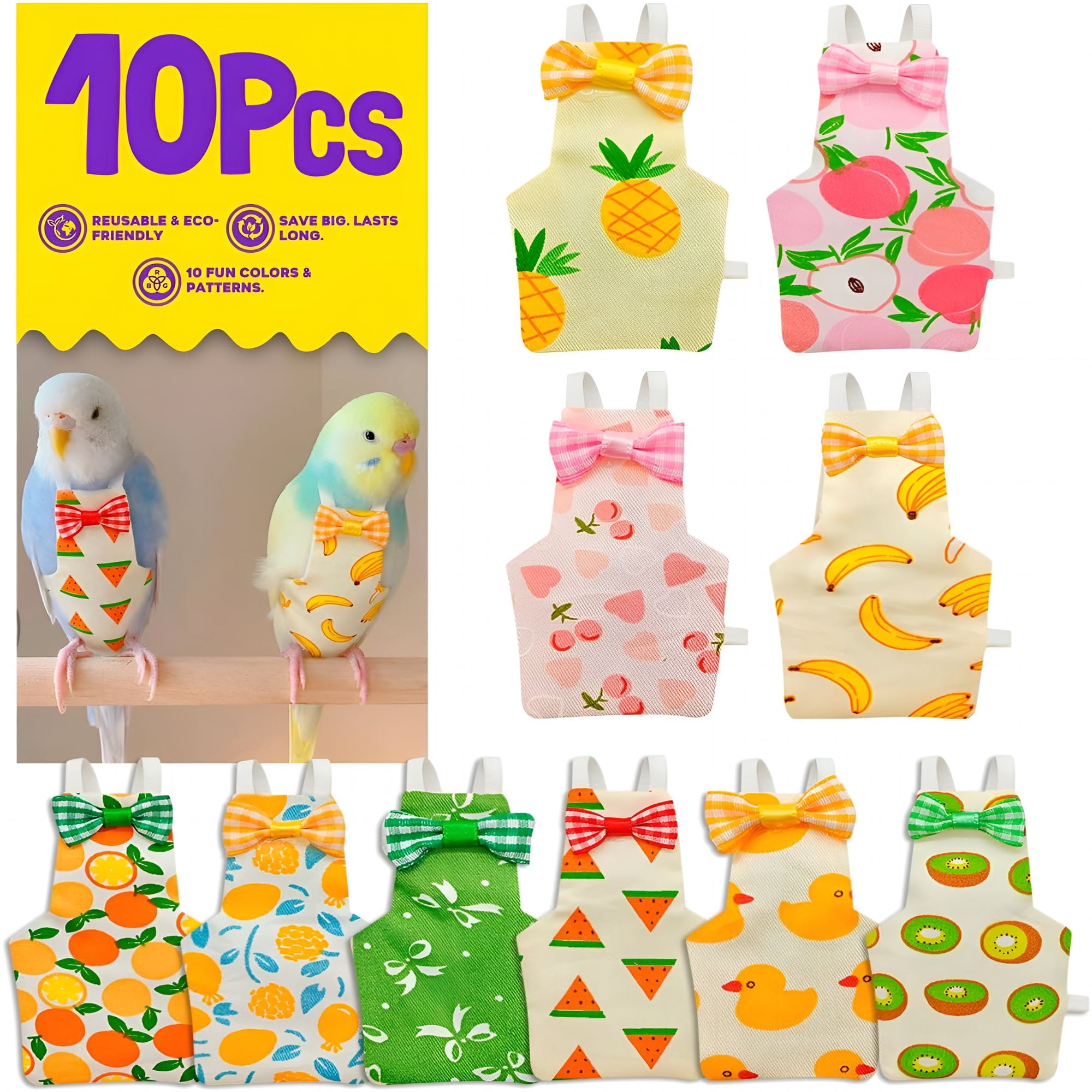 GASTROPOD 10Pcs Reusable Bird Diapers - Washable Parrot Nappy with Waterproof Lining & Adjustable Straps for Pigeons (Size S)