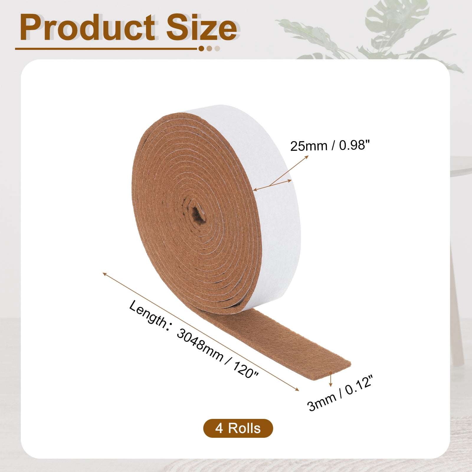 Felt Strips with Adhesive Backing, 4 Pack 1" x 120" x 0.12" Adhesive Felt Strips Anti Scratch Furniture Felt Tapes Self-Stick Felt Pads for Protecting Hardwood Floor, Light Brown