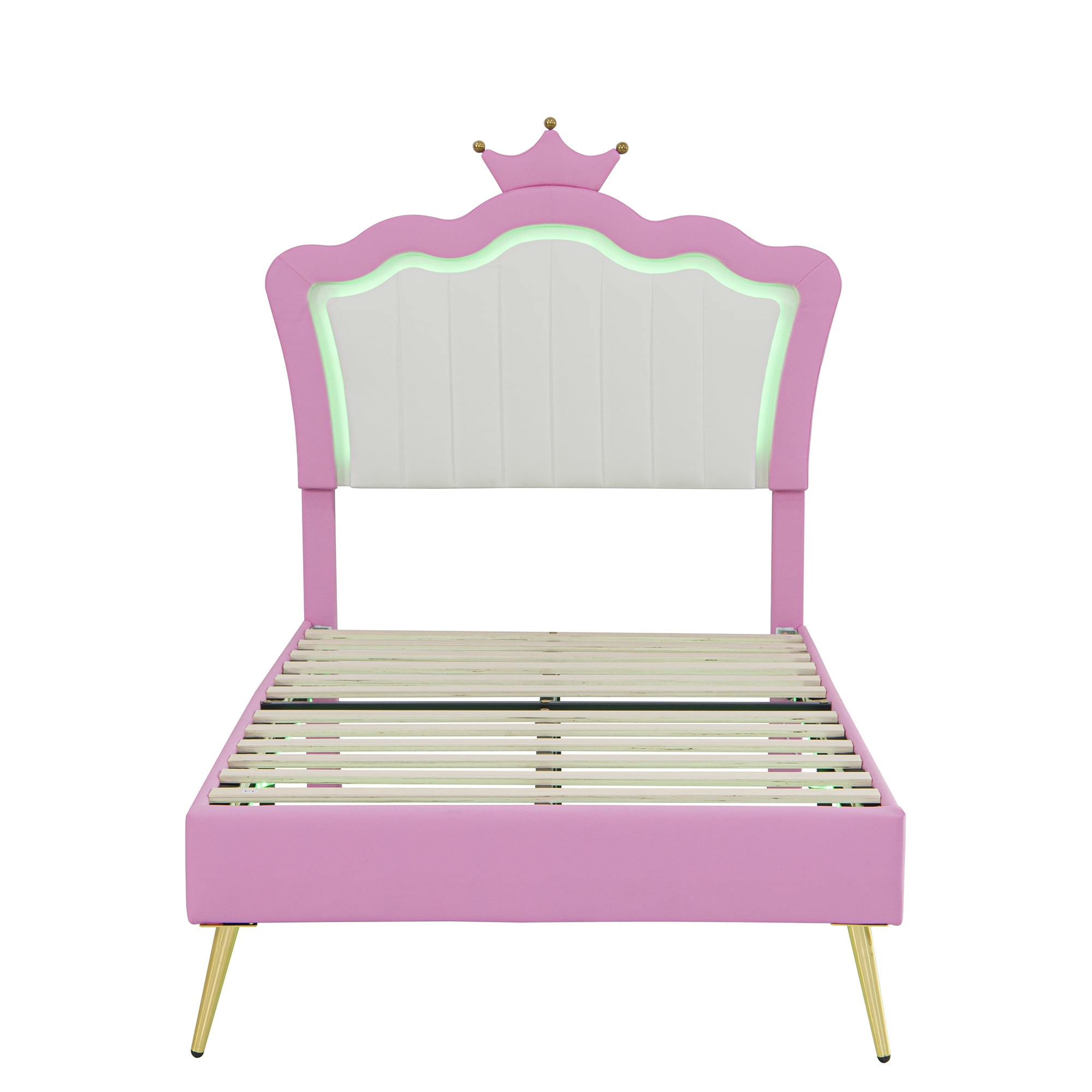 Bellemave Twin Size Upholstered LED Bed Frame, Princess Platform Bed with Crown Headboard, Pink Cute Girls Full Beds with Wooden Slats Support, No Box Spring Needed-Pink
