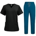 thumbnail image 4 of felwors Scrub Set for Men from, 4 Pocket V-Neck Scrub Top with 5 Pocket Tapered Leg Fly Front Cargo Pant (Black, L), 4 of 4