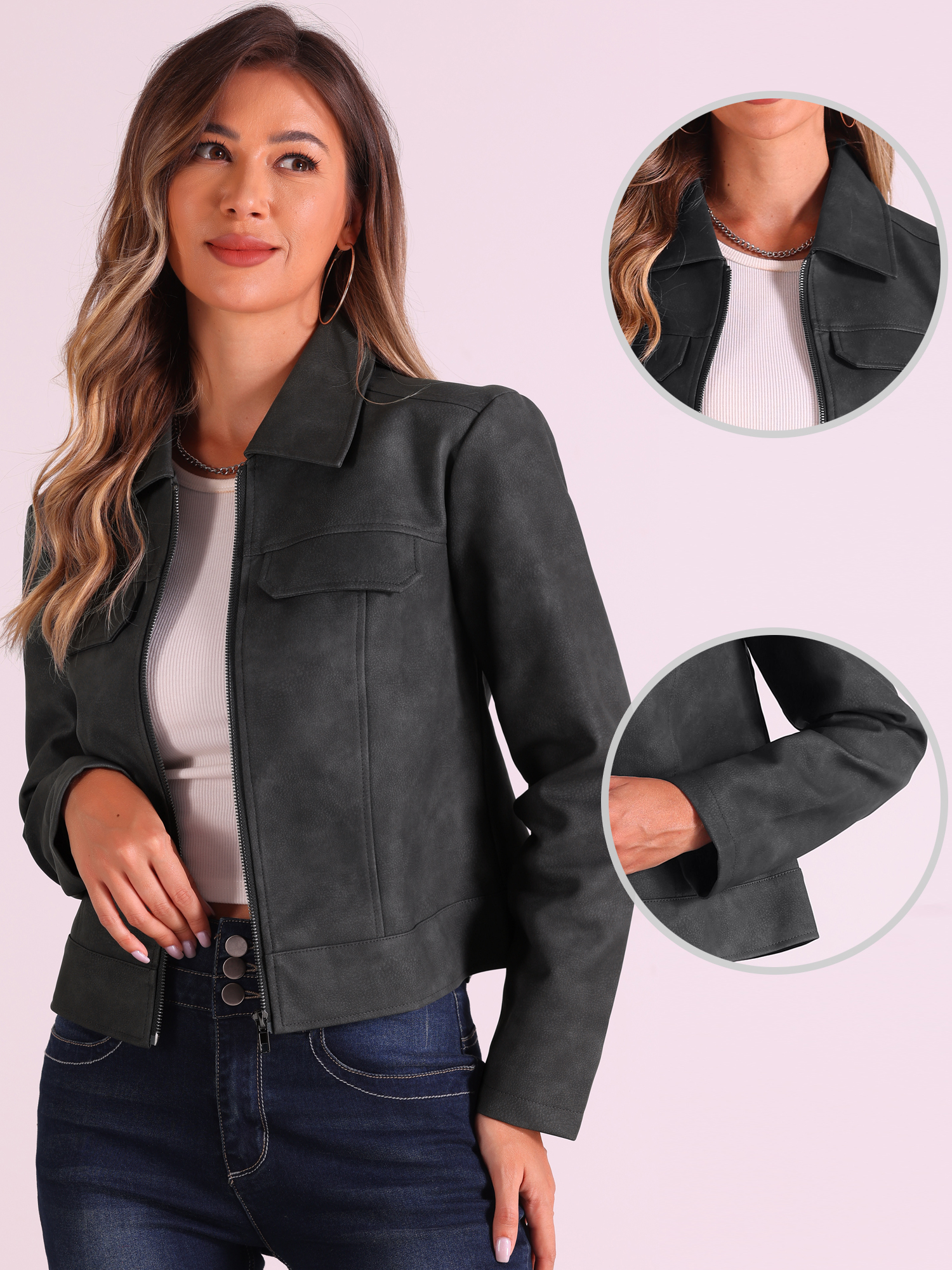 DARING DIVA Women's Faux Leather Jackets Zip Up Vintage Distressed Moto Biker Jacket M Black