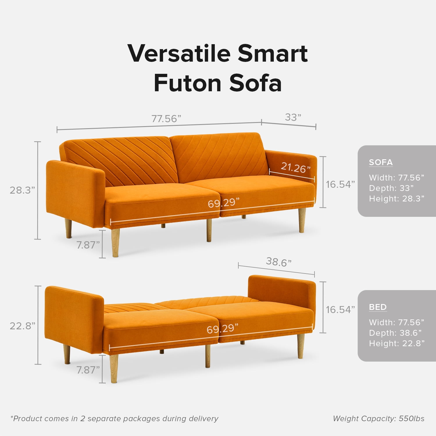 Mopio Chloe Futon Sofa Bed Convertible Sleeper Sofa with Tapered Legs Apricot Velvet