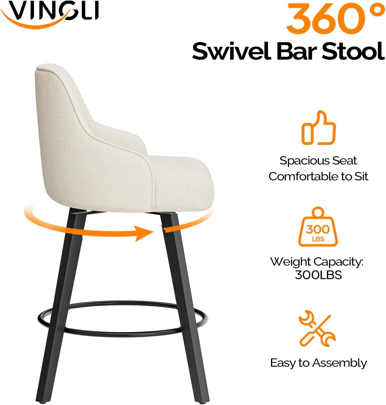 VINGLI 26" H Swivel Barstools Set of 2, PU Leather Upholstered Counter Stool with Back, Kitchen High Chairs Counter Height Bar stools with Cushion, Solid Wood Legs, Black