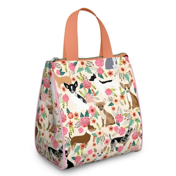 Chihuahua Dog and Flower Insulated Lunch Bag for Women & Adults,Large Portable Soft Cooler Lunch Bag,Thermal Food Storage Tote with Pearl Cotton,8.66L,8.75x5.75x9.5 Inch